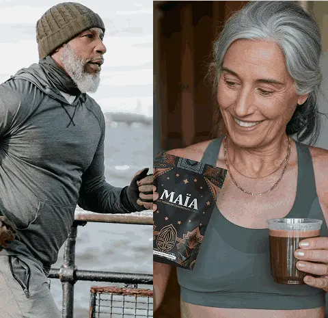 Split image: man jogging outdoors, woman holding a drink and a Maia package indoors.